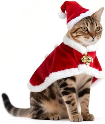 Cat Christmas Hat with Cloak, Small Dog Santa Costume, Pet Christmas Costume Suit for Cats Puppy Rabbits Doll, Santa Claus Set, Red S by PETLESO