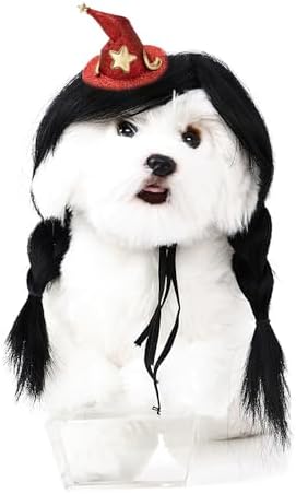 HOWWFALY Dog Costume Long Black BraidHair with Small Red Wizard Hat Styling CuteFunny Pet Hair Accessories Decoration forHalloween, Christmas, Parties by HOWWFALY