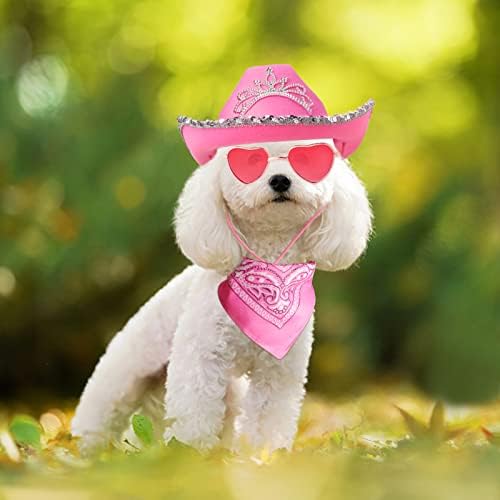 Yewong Pet Pink Cowboy Hat Costume Accessory Set Dog Cat Size Pink Cowgirl Princess Hat with Crown Tiara Bandana/Scarf Sunglasses for Cat Puppy Western Costume Daily Wearing Photo Props - Image 7