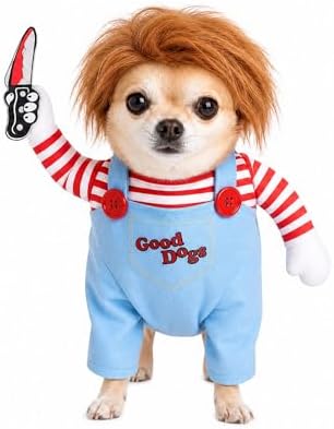Deadly Doll Dog Costume for Small Medium Large Dogs, Funny Pets Cosplay Halloween Dog Clothes for Party, Walking Illusion Puppy Outfit with Wig and Knife by Unknown