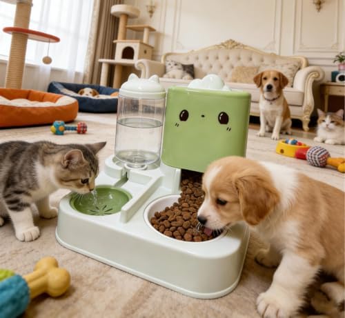 Pet Automatic Feeder Cat Dog Feeding Bowl Food Water Dispenser with Refillable Storage Container Large Capacity Rabbit Feeder Watering Bowls (Green)