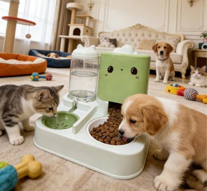 Pet Automatic Feeder Cat Dog Feeding Bowl Food Water Dispenser with Refillable Storage Container Large Capacity Rabbit Feeder Watering Bowls (Green)