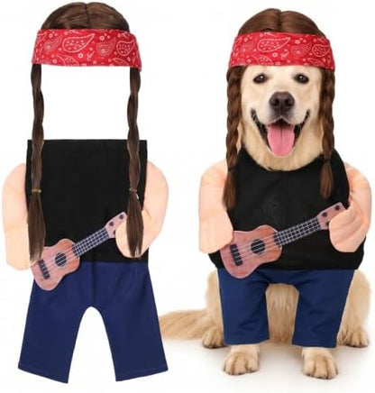 Huhumy Halloween Country Singer Dog Costume Pet Guitar Costume with Felt Funny Guitar Plush Arm Ponytail Wig for Small Medium Dogs Chihuahua Pug Christmas Party Halloween Cosplay Outfit(L) by Huhumy