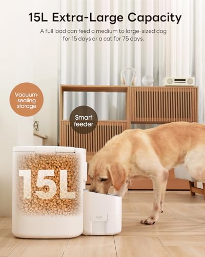 Dokoo Automatic Dog Feeder for Large Breeds, 15L/63 Cups Vacuum-Sealed Airtight Auto Pet Feeder for Dry Food, Timed Feeding, Anti-Clog Dispenser 2-22mm Kibble, Voice Recorder, Stainless Steel Bowl