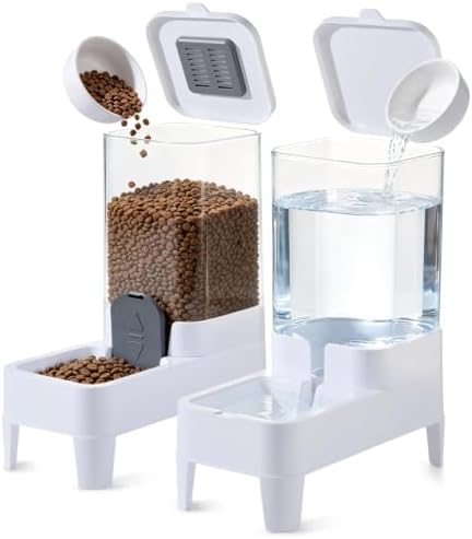 Automatic Cat Feeder and Water Dispenser Set, Top Fill Water&Food Gravity Feeder with Bowl,Easy to Hand-Washable,Elevated Base Design,Suitable for Small&Medium Cat and Dog(4L,White)