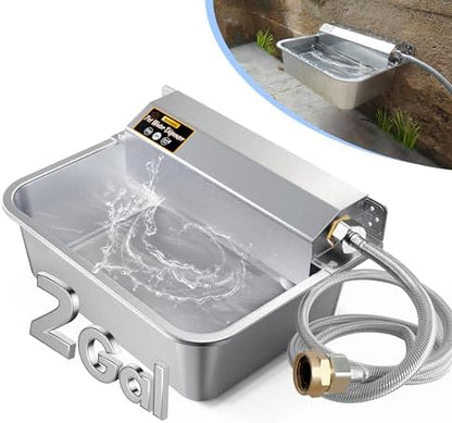 PETIMI Automatic Dog Water Dispenser, 2 Gallons 304 Stainless Steel Dog Water Bowl for Indoor/Outdoor, Large Water Bowl for Pets & Livestock, Anti Tip, Wide Mouth, Water Auto Fill, Fit GHT 3/4" Faucet
