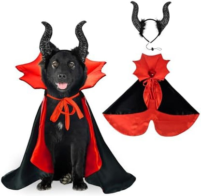 2 Pcs Dog Halloween Costume Set Cat Witch Vampire Cape Devil Horns Hat Holiday Clothes for Cat Puppy Halloween Party Pet Outfits (Red) L by CooShou