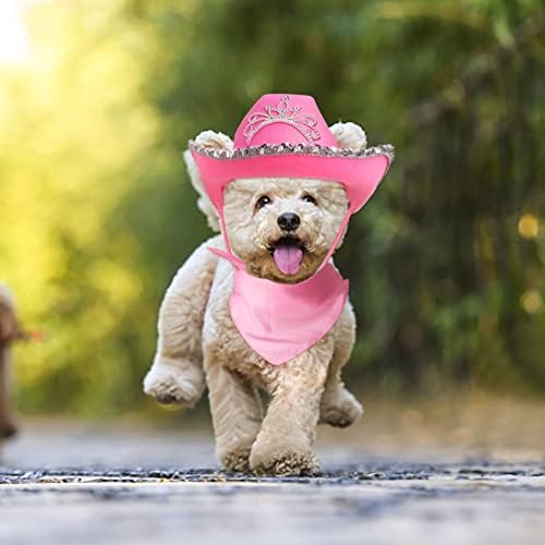 Yewong Pet Pink Cowboy Hat Costume Accessory Set Dog Cat Size Pink Cowgirl Princess Hat with Crown Tiara Bandana/Scarf for Cat Puppy Western Costume Daily Wearing Photo Props (Set C) - Image 5