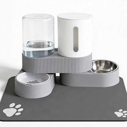 Gravity Cat Feeder 2 Pack Automatic Food Feeder and Water Dispenser Set Detachable Pet Bowl with Silicone Mat for Cats Small Medium Dogs, Large Capacity(Grey)