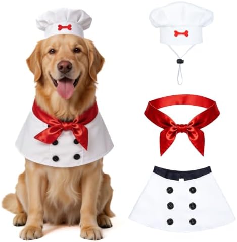 Dog Chef Costume for Medium and Large Dogs, Adjustable 3 Piece Pet Chef Outfit with Hat, Coat and Red Scarf, Funny Dog Halloween Costume for Large Dogs 35-70 lbs, Party Photoshoot Dress Up by Creativepartyuniquedecorat