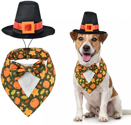 Thanksgiving Day Dog Adjustable Tuxedo with Black Pilgrim Hat Thanksgiving Day Puppy Costume Set Fall Thanksgiving Themed Outfits for Cats Puppy Dog S by PetToysSupplies