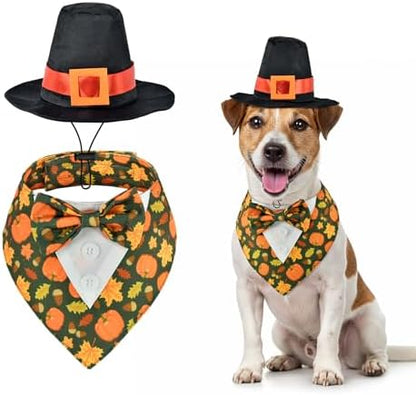 Thanksgiving Day Dog Adjustable Tuxedo with Black Pilgrim Hat Thanksgiving Day Puppy Costume Set Fall Thanksgiving Themed Outfits for Cats Puppy Dog S by PetToysSupplies