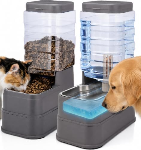 Pawzone 2 Pack Automatic Cat Feeder and Water Dispenser 1.3 Gallon Dog Gravity Food Feeder and Water with Ice Pack Stainless Steel Dry Food and Water Bowl for Small Medium Large Pets (Grey)