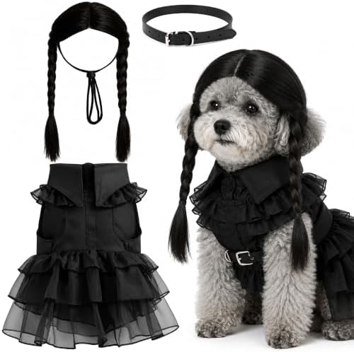 3 Pcs Halloween Dog Dress Costume with Belt Wig, Black Cute Pet Costume (L) by Unknown