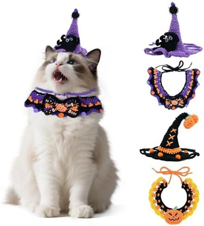 4 Pcs Halloween Cats Dogs Pets Crochets Handmade Collars Soft Wool Neck Collars with Hats Knitted Costume Photo Shoot Props Bibs for Multiple Family Matching Set (Pumpkin and Spider) by Elasign