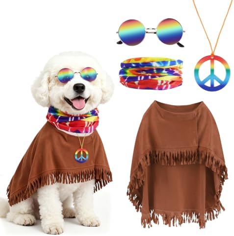 SCENEREAL 4 Pcs Hippie Dog Halloween Costume, Poncho Sunglasses Scarf by SCENEREAL