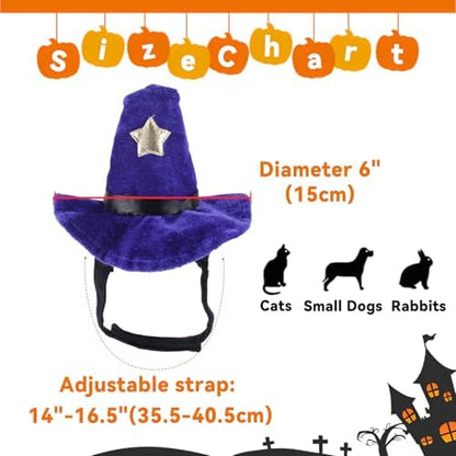 Halloween Cat Wizard Hat, Pet Halloween Costumes, Witch Cosplay Outfit with Bell for Small Dogs Cats Rabbits, Adjustable, Purple - Image 3
