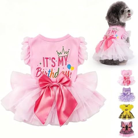 KOOLTAIL Dog Birthday Dress for Small Medium Dogs Girl, Puppy Lace Tutu Pink Birthday Party Holiday Outfit Gift, Cute Ruffle Sleeves Bowknot Dress, Soft Pet Cat Princess Clothes Costume Apparel, M by KOOLTAIL