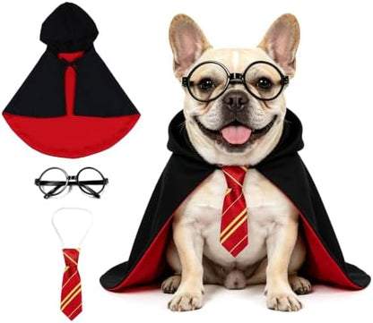 Dog Wizard Costume Set for Medium Dogs, Black Red Cape with Tie and Round Glasses, Funny Halloween Dog Costume for Medium Pets, Parties, Trick or Treat, Photos, Dress Up and Events by HAEFOOPartyDecorations