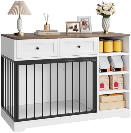 IDEALHOUSE 47" Dog Crate Furniture with Drawers and Open Shelves, White