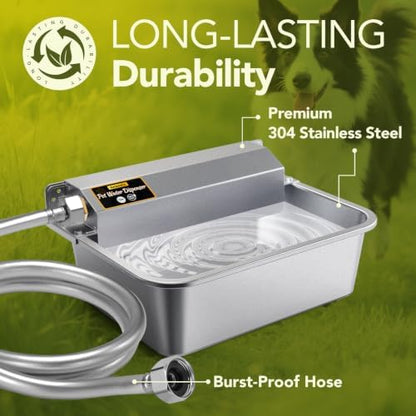 Automatic Water Dispenser for Dogs 2 Gallons, 304 Stainless Steel Dog Water Bowl Dispenser for Farm Chicken Pets Indoor&Outdoor Dog Waterer Feeder Fit 3/4'' GHT Faucet Auto Filling Wide Drinking Area
