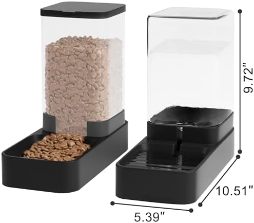 Automatic Cat Feeder and Water Dispenser in Set with Pet Food Bowl,Gravity Dog Waterer and Food Feeder for Small Medium Dog Cat Puppy Kitten Large Capacity(3.3L,Black)