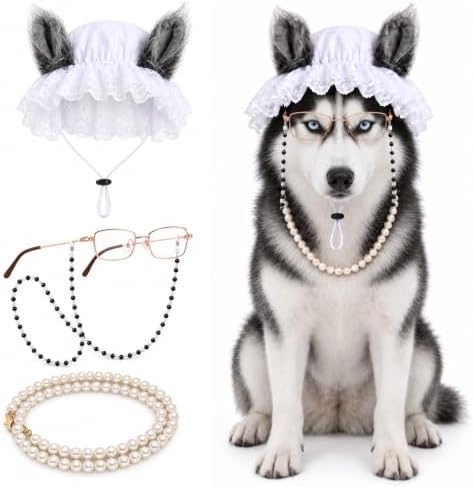 3 Pcs Dog Wolf Costume, Mop Cap Pearl Necklace Granny Glasses by Peesoou