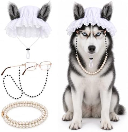 3 Pcs Dog Wolf Costume, Mop Cap Pearl Necklace Granny Glasses by Peesoou