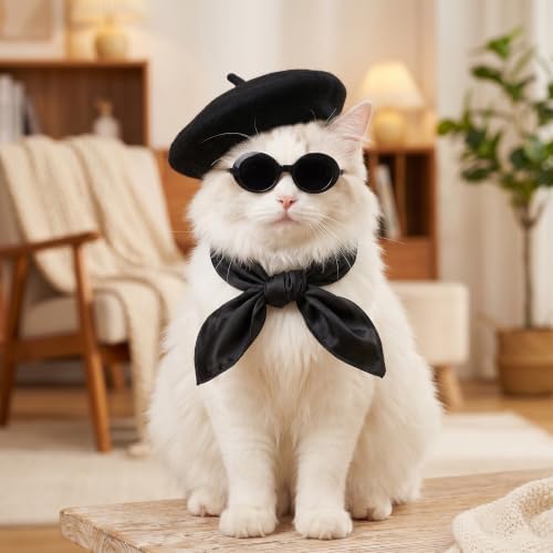 Dog Beret Scarf Glasses Pet French Beanie for Small Dogs Cats(Black, Small) - Image 5