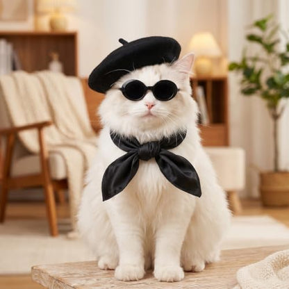 Dog Beret Scarf Glasses Pet French Beanie for Small Dogs Cats(Black, Small) - Image 5