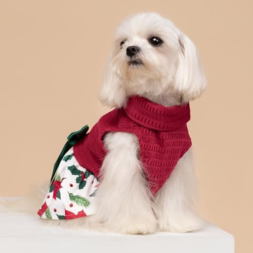 Fitwarm Christmas Poinsettia Flower Dog Turtleneck Dress, Holiday Clothes for Small Dogs Girl, Pet Festive Outfit, Red, White, Small - Image 4