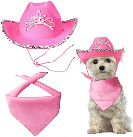 Yewong Pet Pink Cowboy Hat Costume Accessory Set Dog Cat Size Pink Cowgirl Princess Hat with Crown Tiara Bandana/Scarf for Cat Puppy Western Costume Daily Wearing Photo Props (Set C) by Yewong