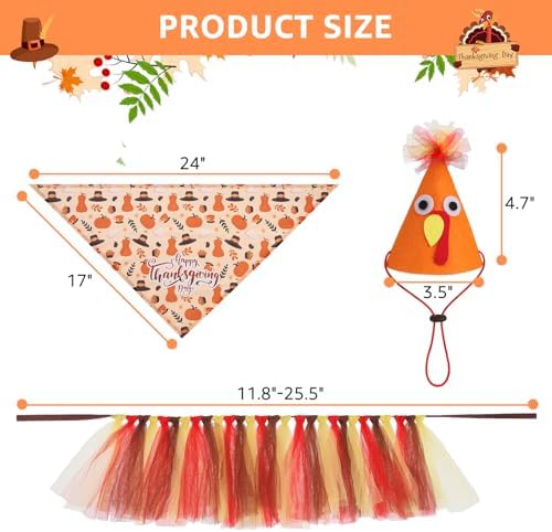 SCENEREAL Thanksgiving Dog Bandana Dress with Hat Set, Pet Turkey Costume for Small Medium Sized Dogs, Cute Tutu Skirt Outfit for Party Halloween - Image 4