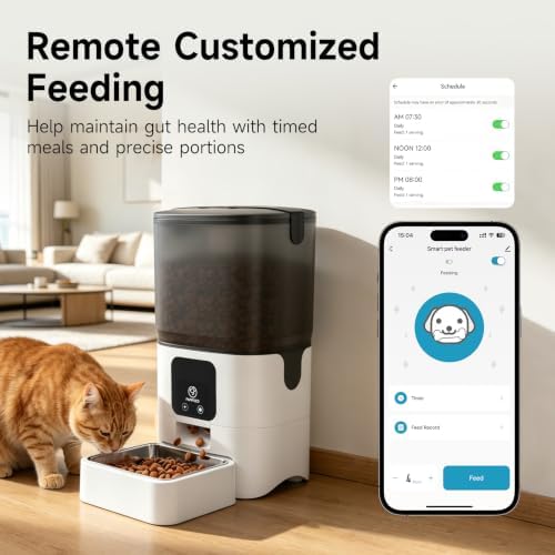 PAPIFEED Automatic Cat Feeder with App, WiFi Auto Cat Feeder, 6L Slow-Feed Cat Food Dispenser for Dry Food, Dual Power Supply Timed Pet Feeder for Small Dog, 10 Meals/Day, 12 Portions/Meal, White