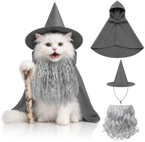 3 Pcs Halloween Pet Wizard Costume for Small Dogs Cats Kitten Puppy Cosplay Outfit Gray Polyester Halloween Party(M) by Funnysoft