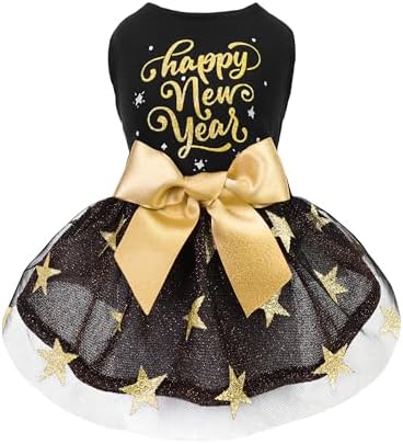 Fitwarm Happy New Year Dog Dress, Sparkly Dog Clothes for Small Dogs Girl, Holiday Pet Tutu Dress, Cat Outfit, Black, Gold, XS by Fitwarm