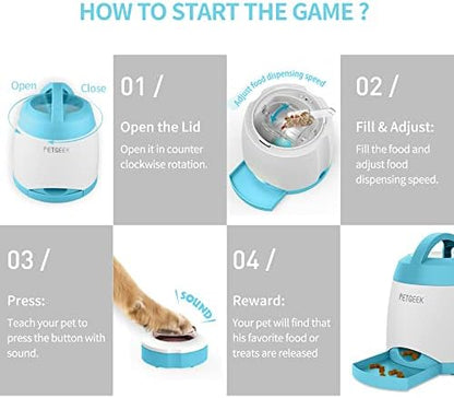 PETGEEK Automatic Dog Treat Dispenser with Button - Puzzle Memory Training Feeder, Pet Geek Button Treat Food Dispensing Toys Interactive, Iq Training Dog Feeder (Blue)