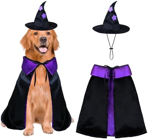 Dog Halloween Costumes, Dog Witch Costume Funny Pet Witch Cloak Cape Wizard Hat Holiday Outfit Clothes Halloween Costumes for Small Medium Large Dogs Pets (Large) by Unknown