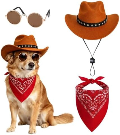 Dog Halloween Costumes, 3PCS Pet Western Cowboy Hat with Scarf and Sunglass by Unknown