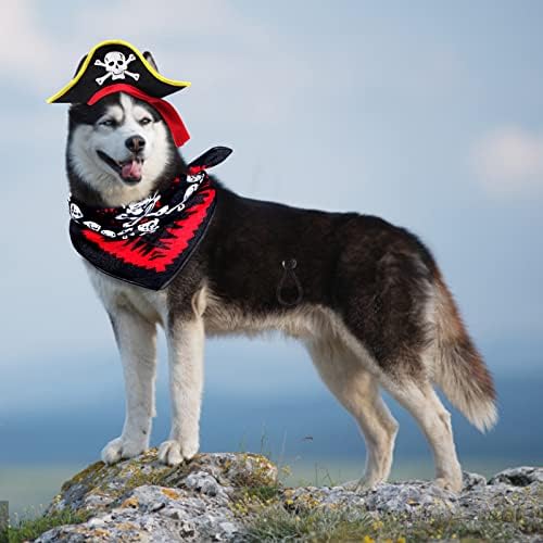 2 Pieces Skull Print Pet Pirate Hat with Pirate Skull Bandana Dog Cat Captain Cap Halloween Pirate Cosplay Costume Halloween Party Hat Dress Up Costume Accessories (A) One Size - Image 6