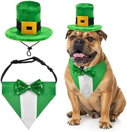 St. Patrick’s Day Dog Tuxedo with Green Bowtie Pet Irish Leprechaun Hat with Belt Buckle Dog Patricks Costume Set Lucky Themed Outfits for Cats Puppies Dos （M） by PetToysSupplies
