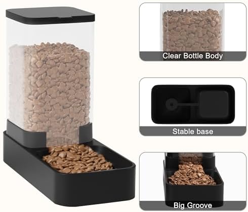 Automatic Cat Feeder and Water Dispenser in Set with Pet Food Bowl,Gravity Dog Waterer and Food Feeder for Small Medium Dog Cat Puppy Kitten Large Capacity(3.3L,Black)
