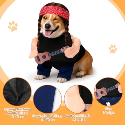 Huhumy Halloween Country Singer Dog Costume Guitar Wig Bandana for Dog, XL - Image 2