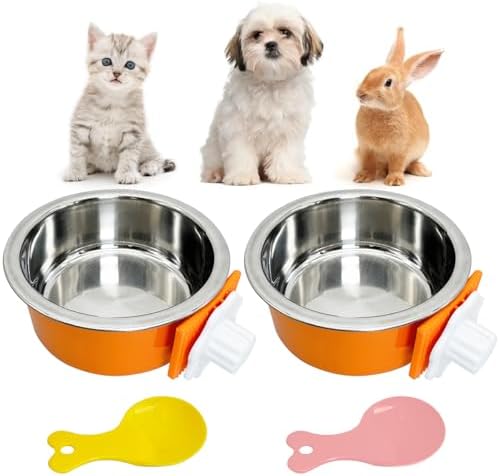 Hamiledyi Crate Dog Bowl Cat - Removable Stainless Steel Hanging No Spill Pet Bowl for Kennels Durable Detachable Design Fits Small Medium Dog Cages (2 Pcs, Orange