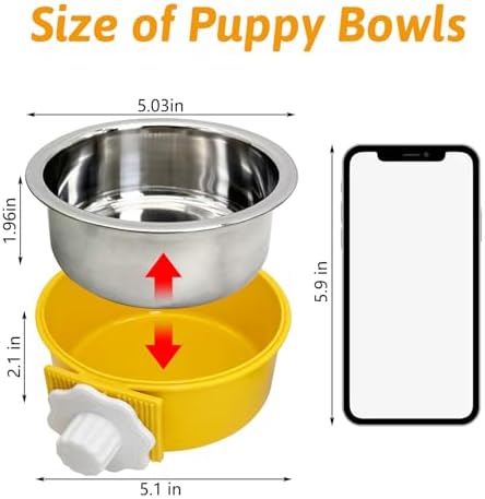 Hamiledyi Crate Dog Bowl Cat - Removable Stainless Steel Hanging No Spill Pet Bowl for Kennels Durable Detachable Design Fits Small Medium Dog Cages (2 Pcs, Yellow