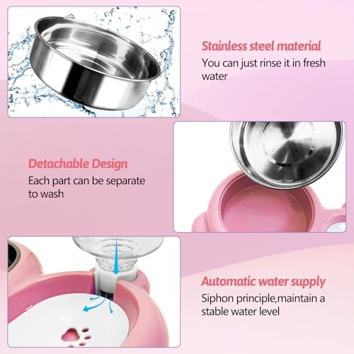 Rabbit Double Bowls Bunny Automatic Water Dispenser Detachable Stainless Steel Bowl No-Spill Water Bottle Food Feeder for Small Animals Bunny Squirrel Cat Puppy Chinchilla