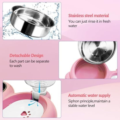 Rabbit Double Bowls Bunny Automatic Water Dispenser Detachable Stainless Steel Bowl No-Spill Water Bottle Food Feeder for Small Animals Bunny Squirrel Cat Puppy Chinchilla