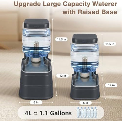 1.1 Gallon Pet Automatic Dog Water Dispenser Cat Gravity Waterer Feeder with Stainless Steel Bowl 8L Large Capacity Puppy Feeding Raised Bowls with Filter,Ice Pack (Charcoal Gray, 4L(1.1 Gallon))