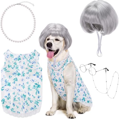 4Pcs Halloween Old Lady Costume Dog Grandma Outfit, Blue Ditsy Floral, 3 XL by Unknown