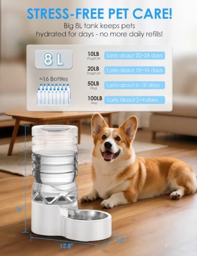 Heouvo 2.1 Gal Gravity Dog Water Dispenser, Wide-Mouth, 3 Filters, White